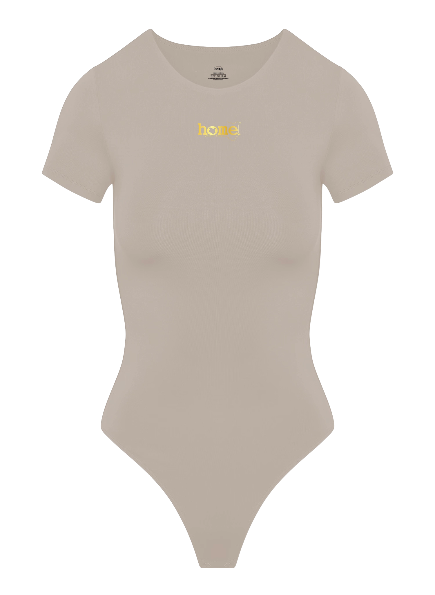 home_254 SCOOP NECK TAUPE BODYSUIT(SHORT SLEEVED) WITH A GOLD PRINT