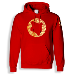 home_254 RED HOODIE (HEAVY FABRIC) WITH A GOLD MAP PRINT