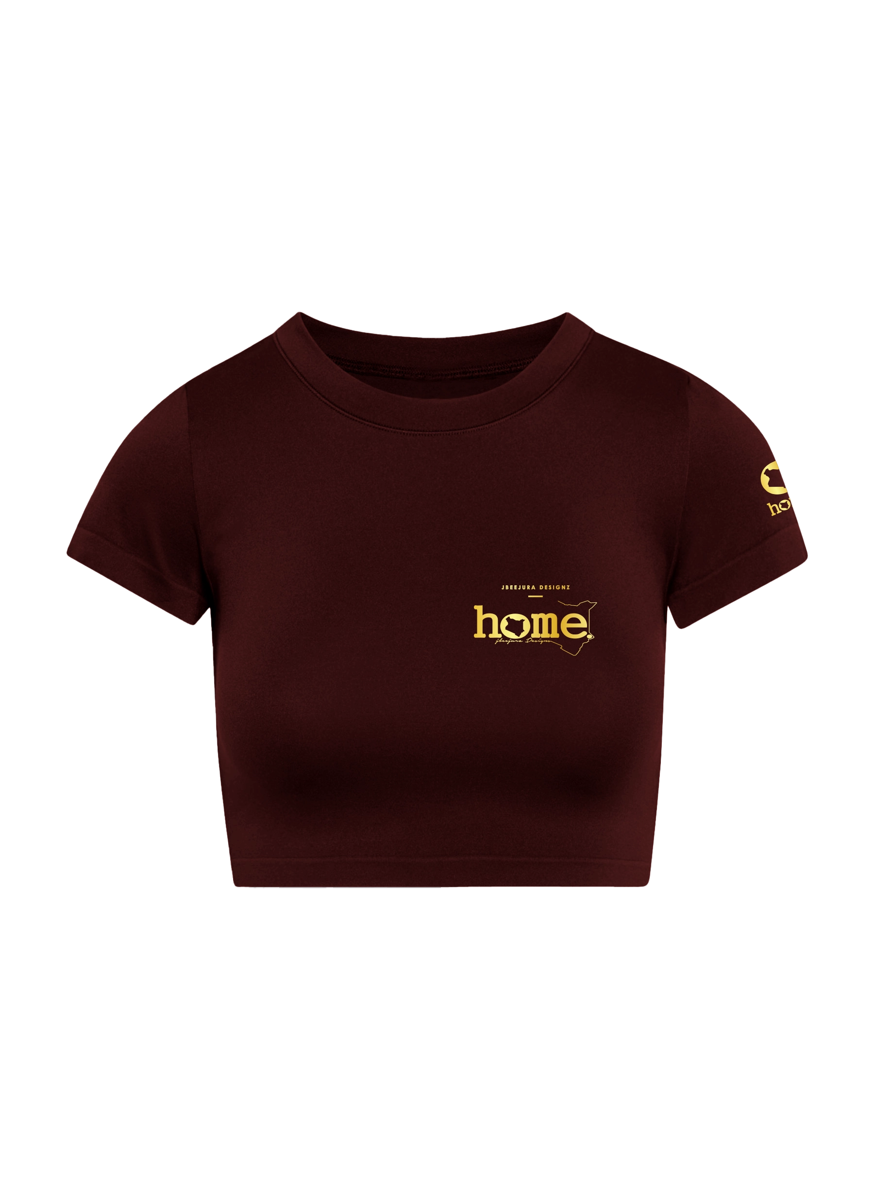 home_254 SHORT SLEEVED MAROON CROPPED ARIA TEE WITH A GOLD 3D WORDS PRINT 