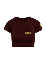 home_254 SHORT SLEEVED MAROON CROPPED ARIA TEE WITH A GOLD 3D WORDS PRINT 