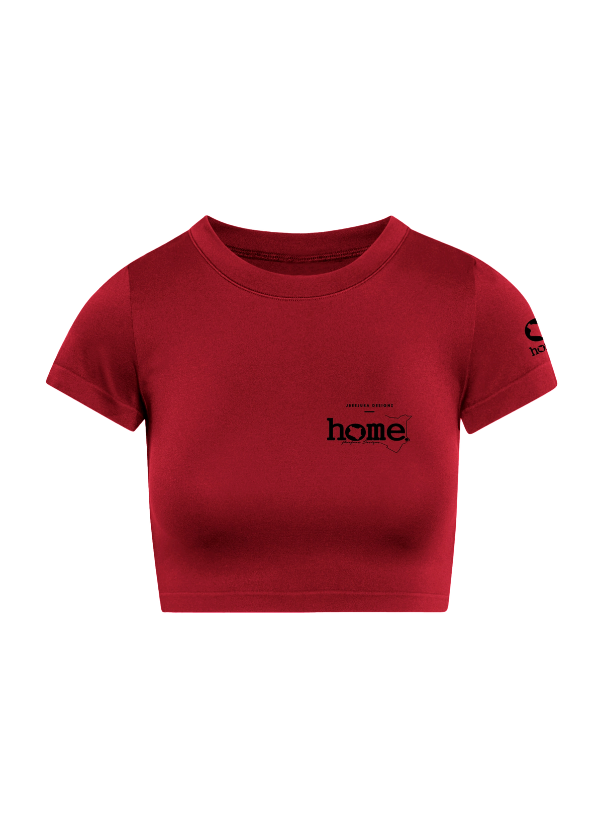 home_254 SHORT SLEEVED MAROON RED CROPPED ARIA TEE WITH A BLACK 3D WORDS PRINT – COTTON PLUS FABRIC