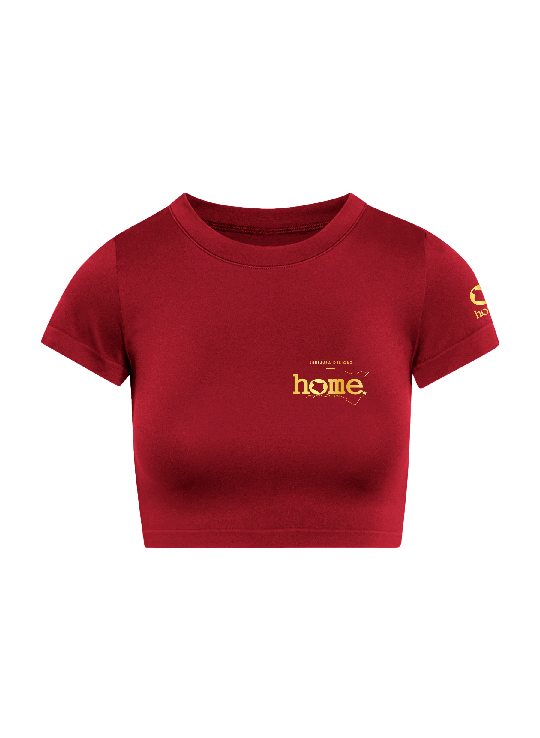 home_254 SHORT SLEEVED MAROON RED CROPPED ARIA TEE WITH A GOLD 3D WORDS PRINT – COTTON PLUS FABRIC