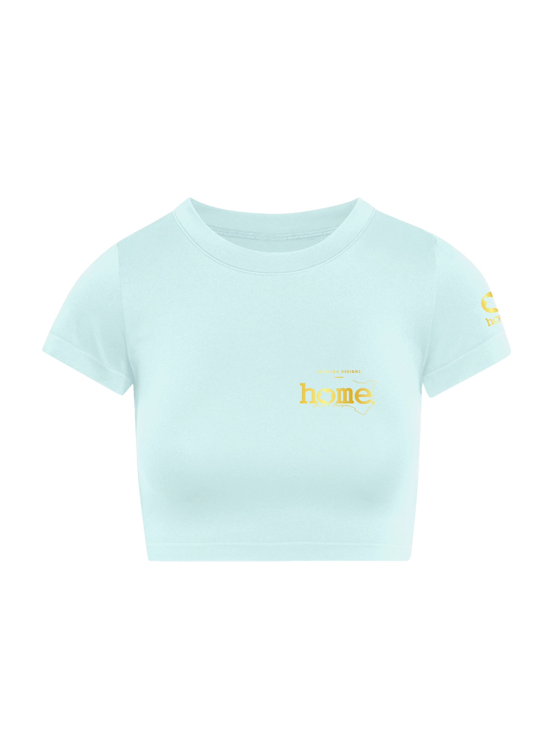 home_254 SHORT SLEEVED MISTY BLUE CROPPED ARIA TEE WITH A GOLD 3D WORDS PRINT – COTTON PLUS FABRIC