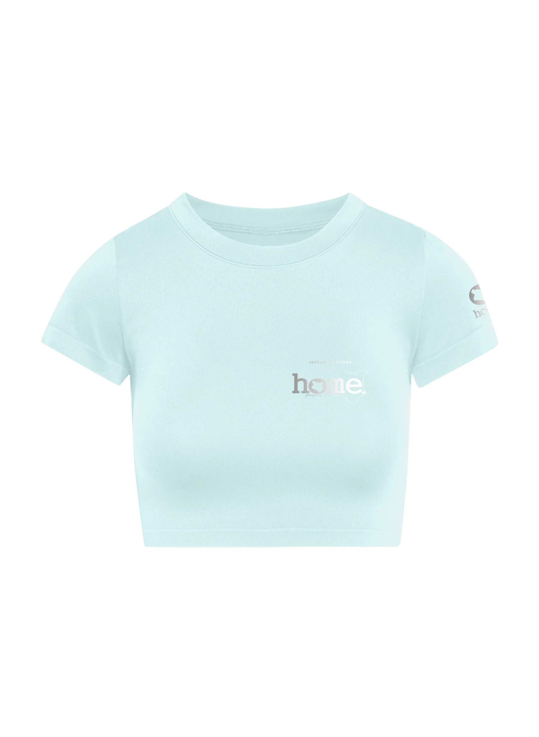 home_254 SHORT SLEEVED MISTY BLUE CROPPED ARIA TEE WITH A SILVER 3D WORDS PRINT – COTTON PLUS FABRIC