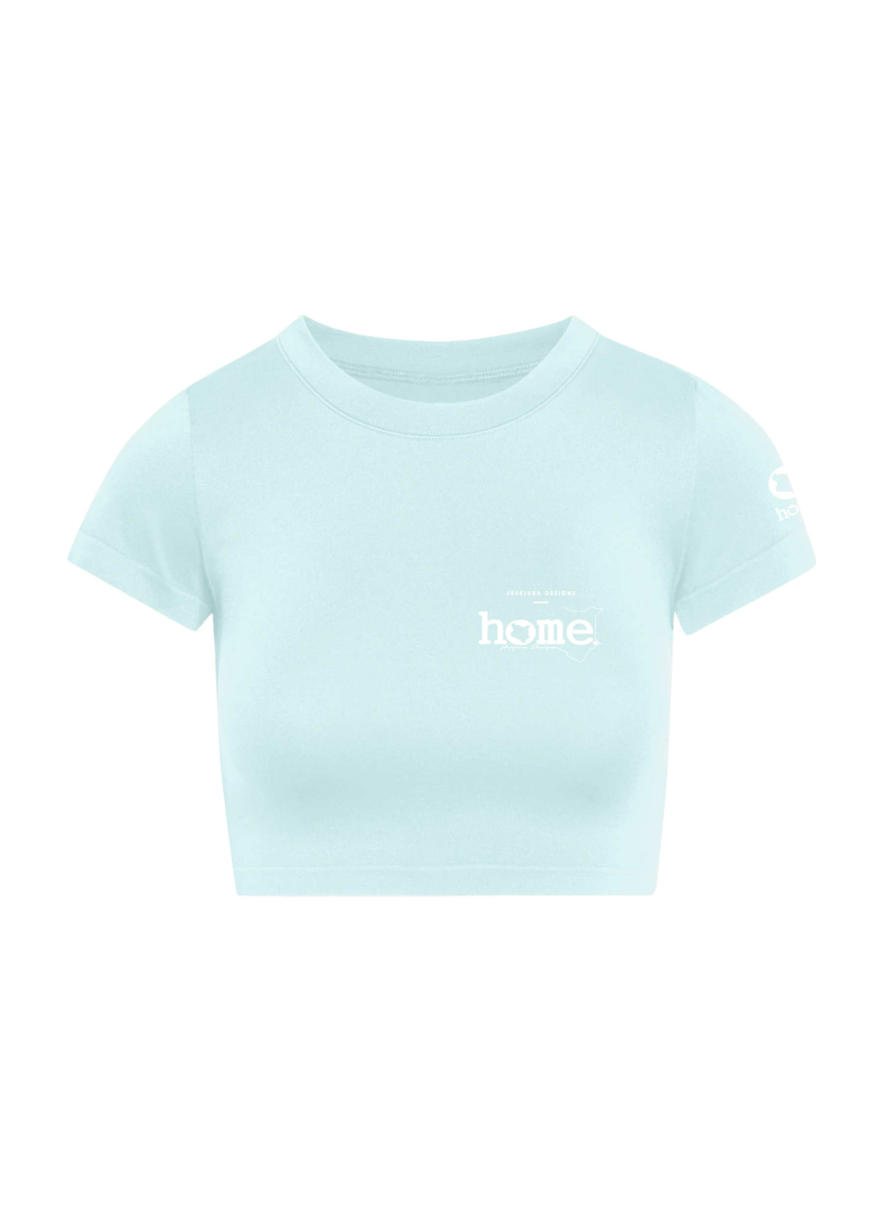 home_254 SHORT SLEEVED MISTY BLUE CROPPED ARIA TEE WITH A WHITE 3D WORDS PRINT – COTTON PLUS FABRIC