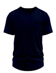home_254 SHORT-SLEEVED NAVY BLUE CURVED HEM T-SHIRT WITH A BLACK TAG PRINT – CLASSIC MAN COLLECTION