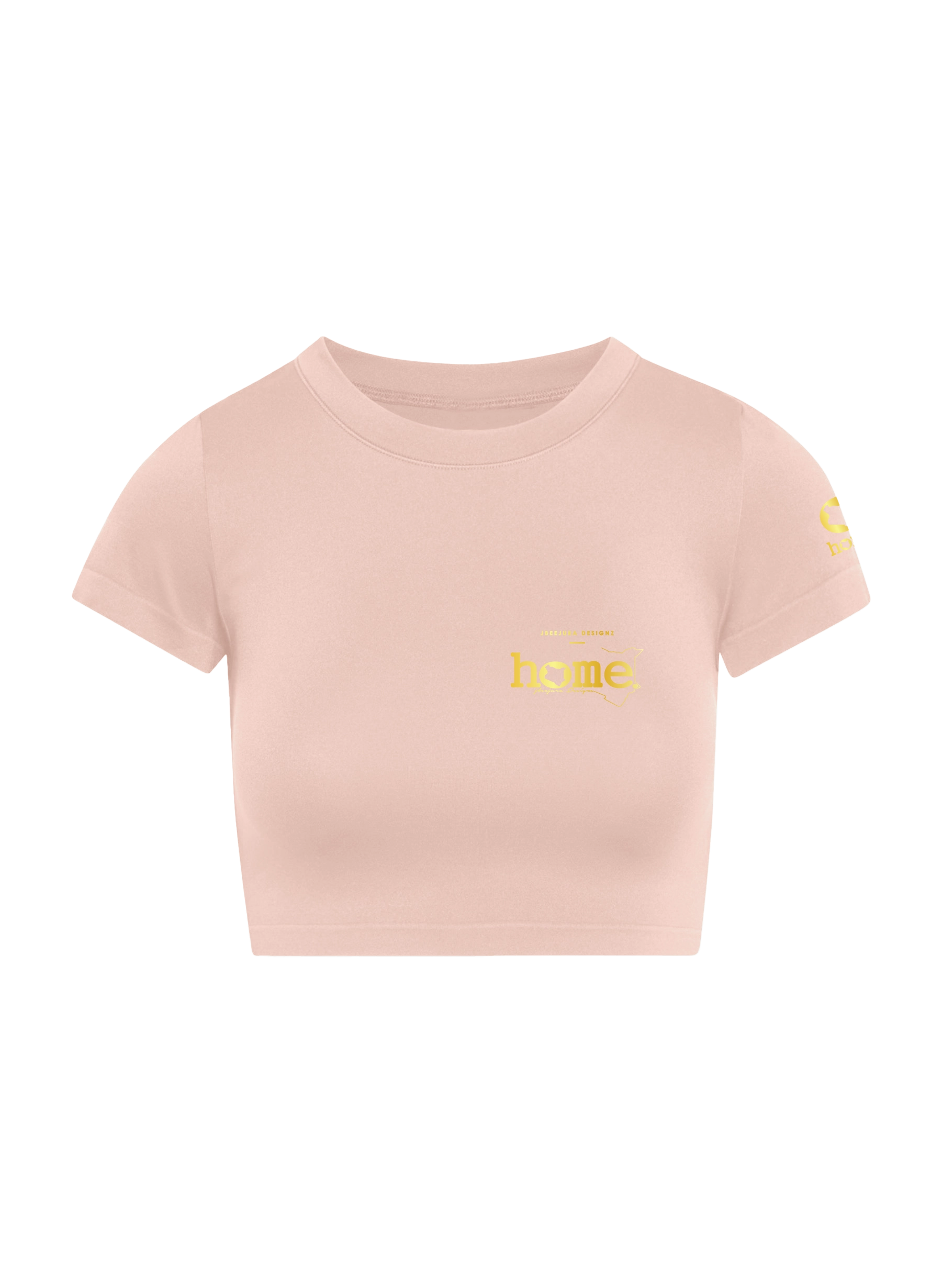 home_254 SHORT SLEEVED PEACH CROPPED ARIA TEE WITH A GOLD 3D WORDS PRINT 