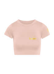 home_254 SHORT SLEEVED PEACH CROPPED ARIA TEE WITH A GOLD 3D WORDS PRINT 