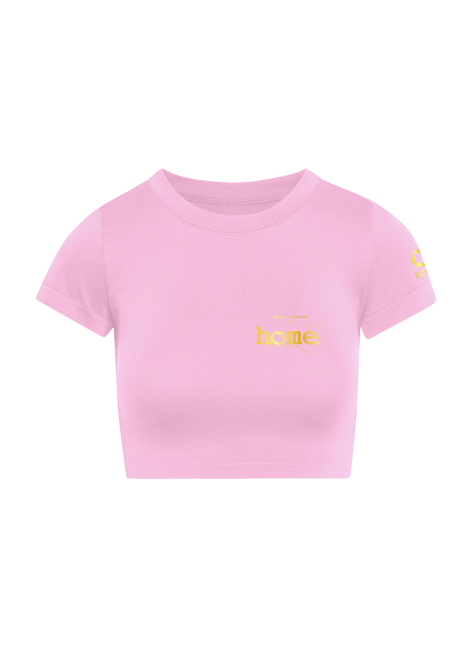 home_254 SHORT SLEEVED PINK CROPPED ARIA TEE WITH A GOLD 3D WORDS PRINT 