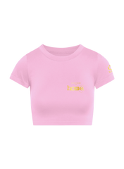 home_254 SHORT SLEEVED PINK CROPPED ARIA TEE WITH A GOLD 3D WORDS PRINT 