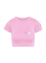 home_254 SHORT SLEEVED PINK CROPPED ARIA TEE WITH A SILVER 3D WORDS PRINT 