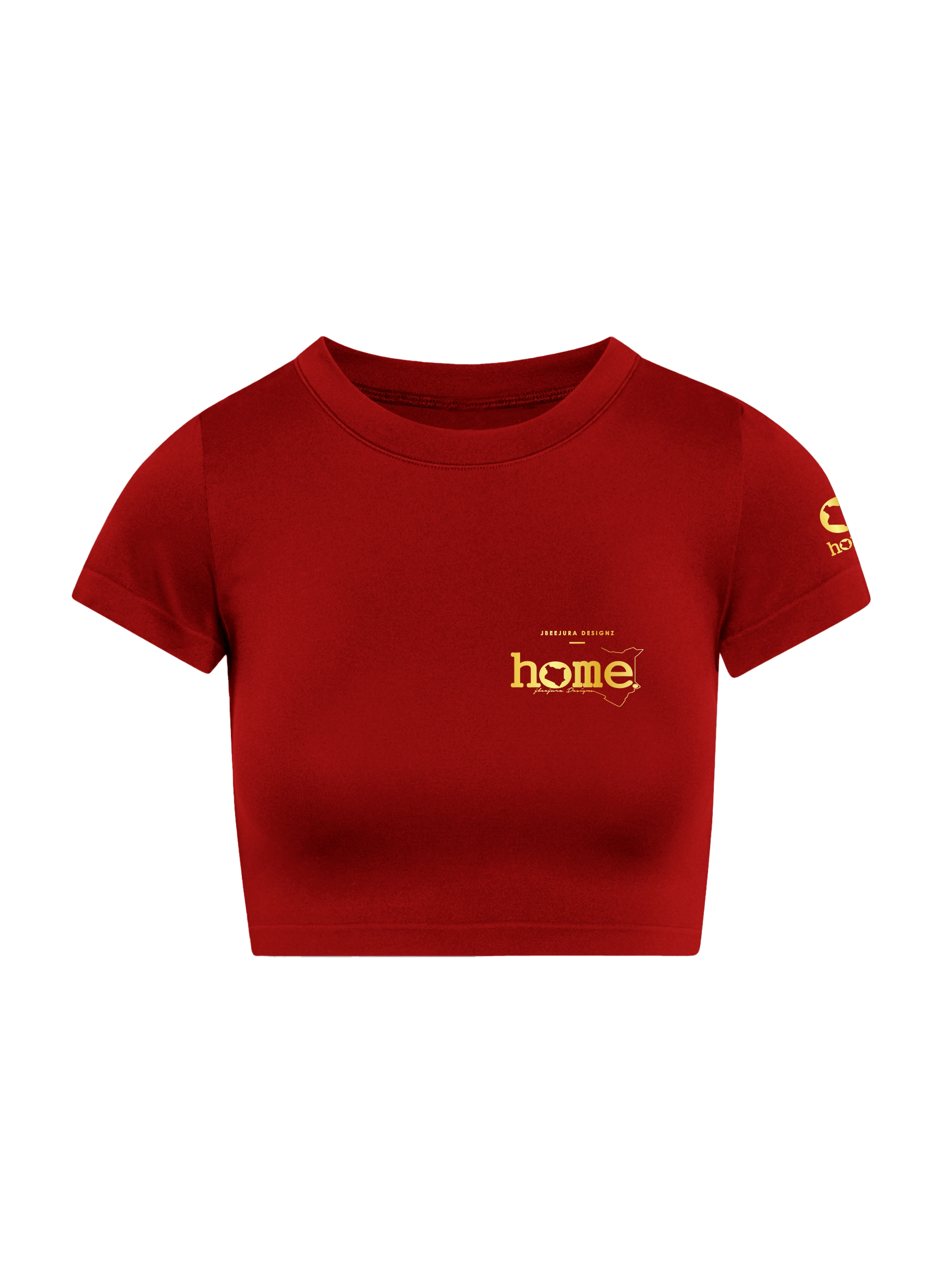 home_254 SHORT SLEEVED RED CROPPED ARIA TEE WITH A GOLD 3D WORDS PRINT 