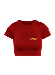 home_254 SHORT SLEEVED RED CROPPED ARIA TEE WITH A GOLD 3D WORDS PRINT 