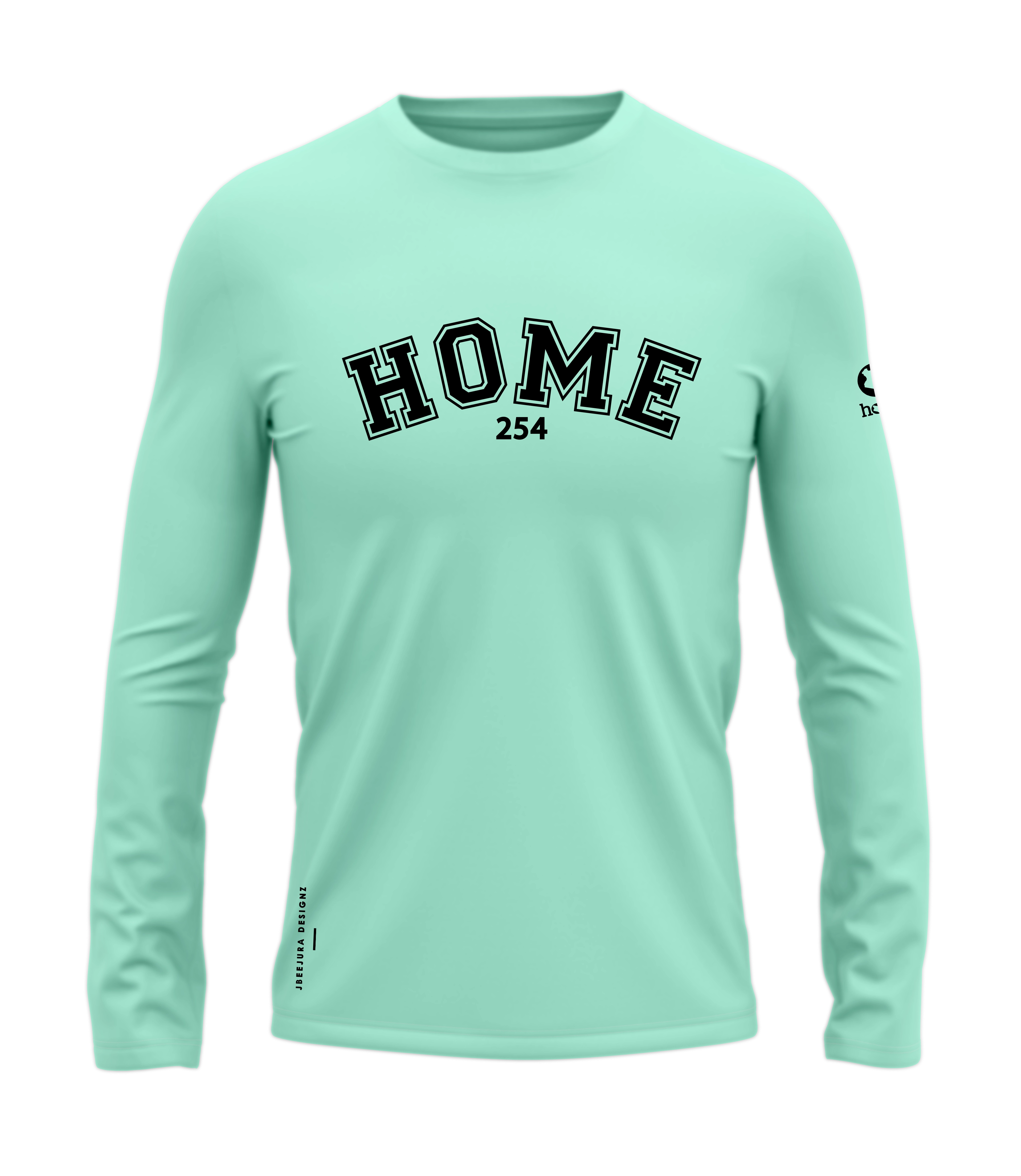 home_254 LONG-SLEEVED TURQUOISE GREEN T-SHIRT WITH A BLACK COLLEGE PRINT – COTTON PLUS FABRIC