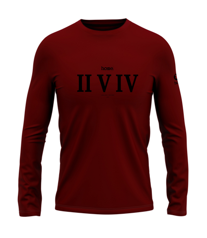 home_254 LONG-SLEEVED MAROON RED T-SHIRT WITH A BLACK ROMAN NUMERALS PRINT – COTTON PLUS FABRIC