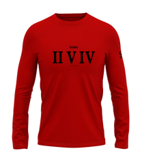 home_254 LONG-SLEEVED RED T-SHIRT WITH A BLACK ROMAN NUMERALS PRINT – COTTON PLUS FABRIC