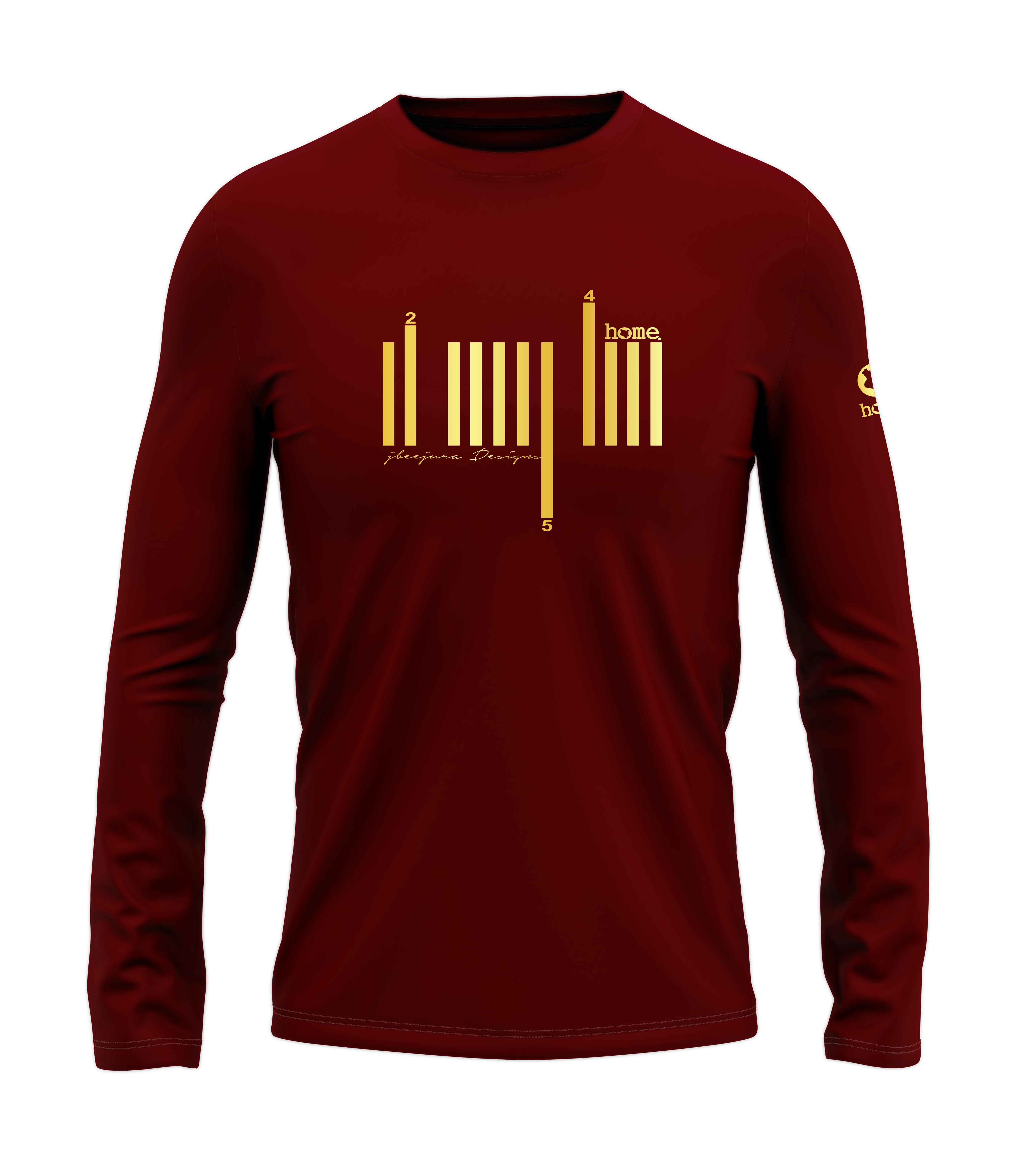 home_254 LONG-SLEEVED MAROON RED T-SHIRT WITH A GOLD BARS PRINT – COTTON PLUS FABRIC