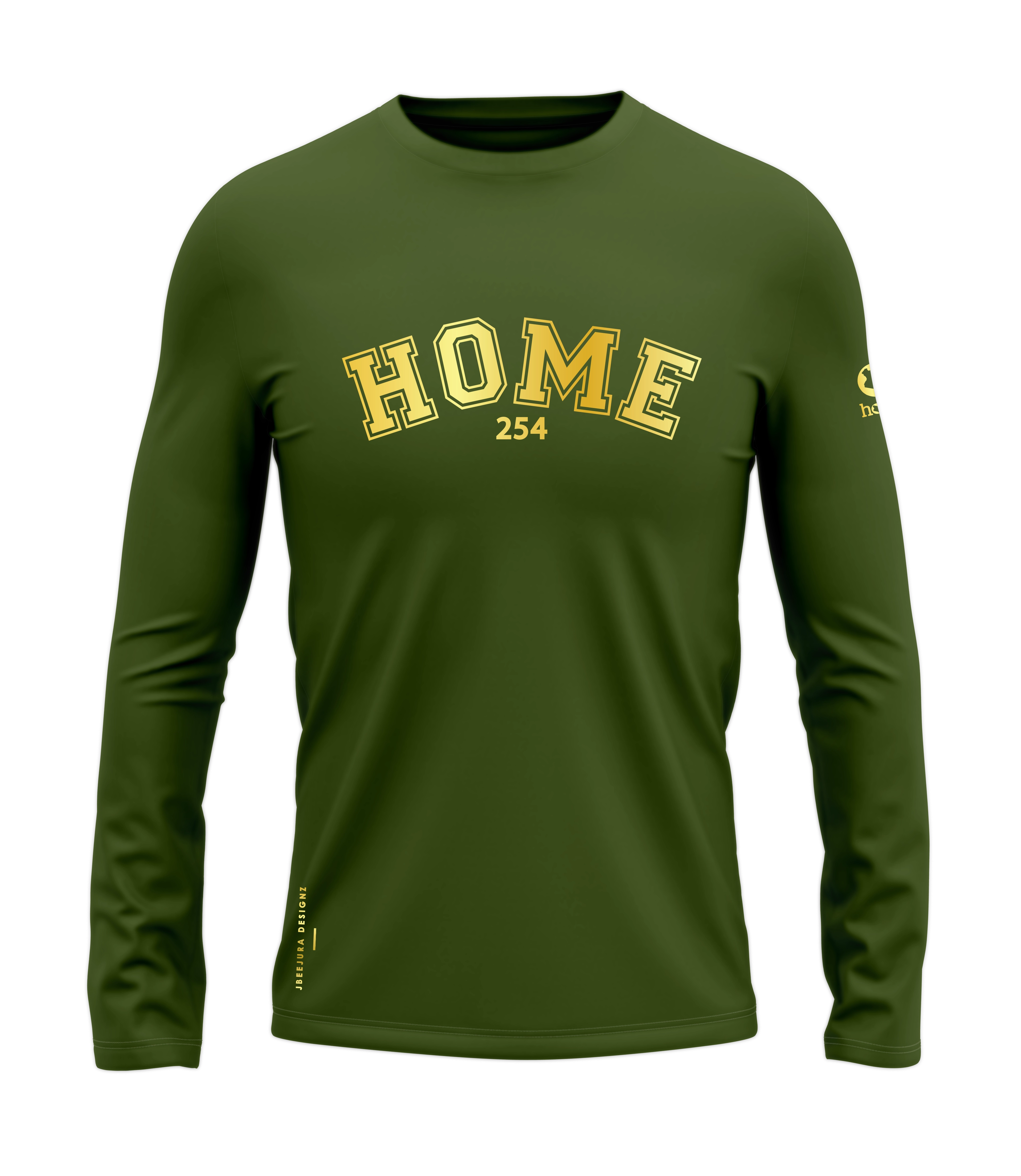home_254 LONG-SLEEVED JUNGLE GREEN T-SHIRT WITH A GOLD COLLEGE PRINT – COTTON PLUS FABRIC