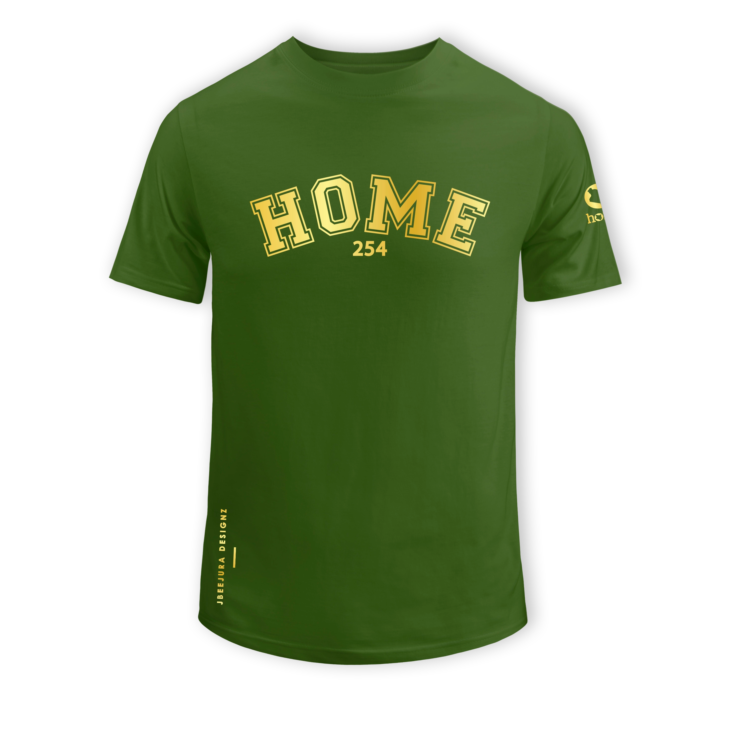  home_254 SHORT-SLEEVED JUNGLE GREEN T-SHIRT WITH A GOLD COLLEGE PRINT – COTTON PLUS FABRIC