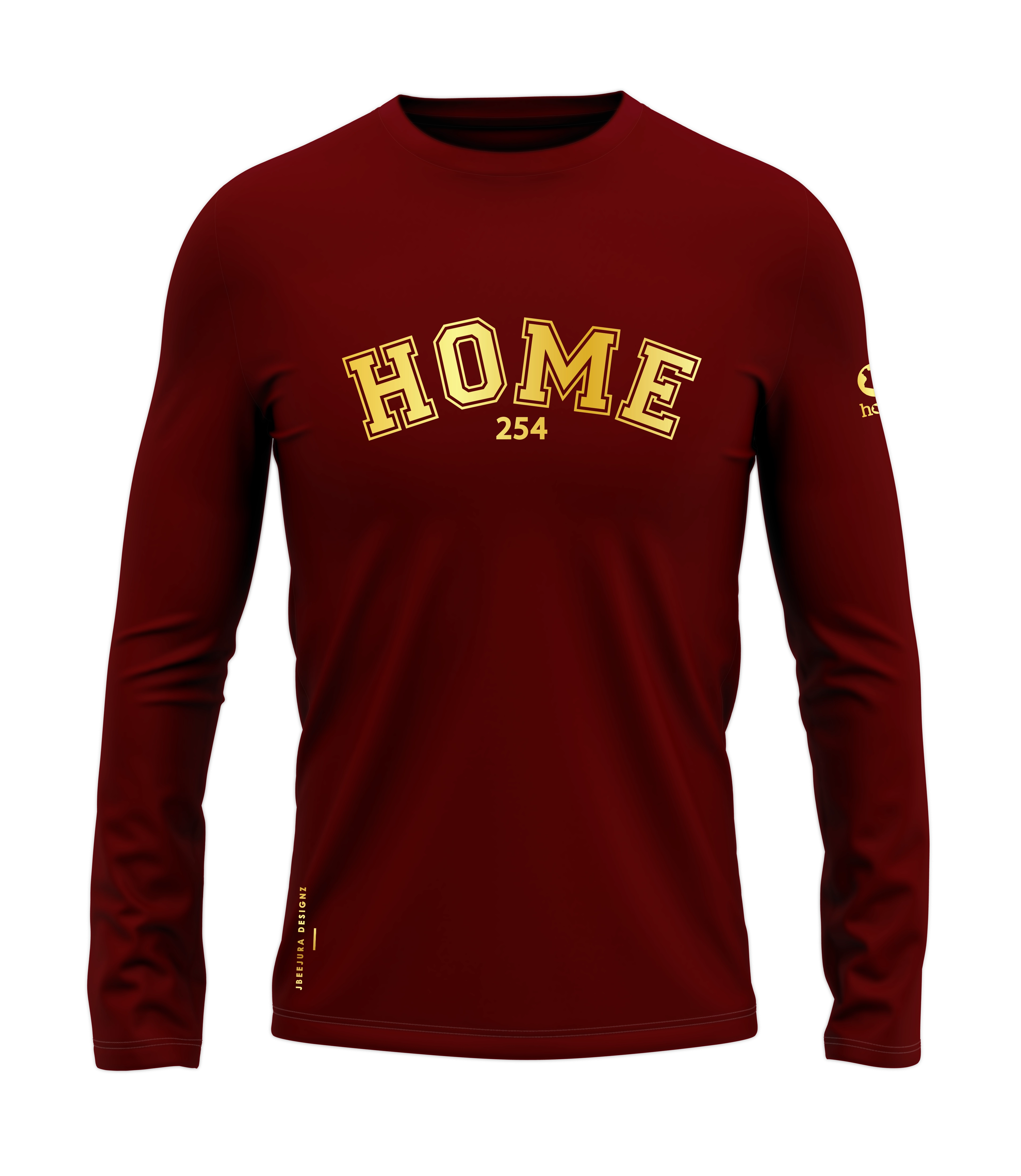 home_254 LONG-SLEEVED MAROON RED T-SHIRT WITH A GOLD COLLEGE PRINT – COTTON PLUS FABRIC