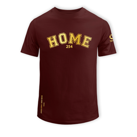: home_254 SHORT-SLEEVED MAROON T-SHIRT WITH A GOLD COLLEGE PRINT – COTTON PLUS FABRIC