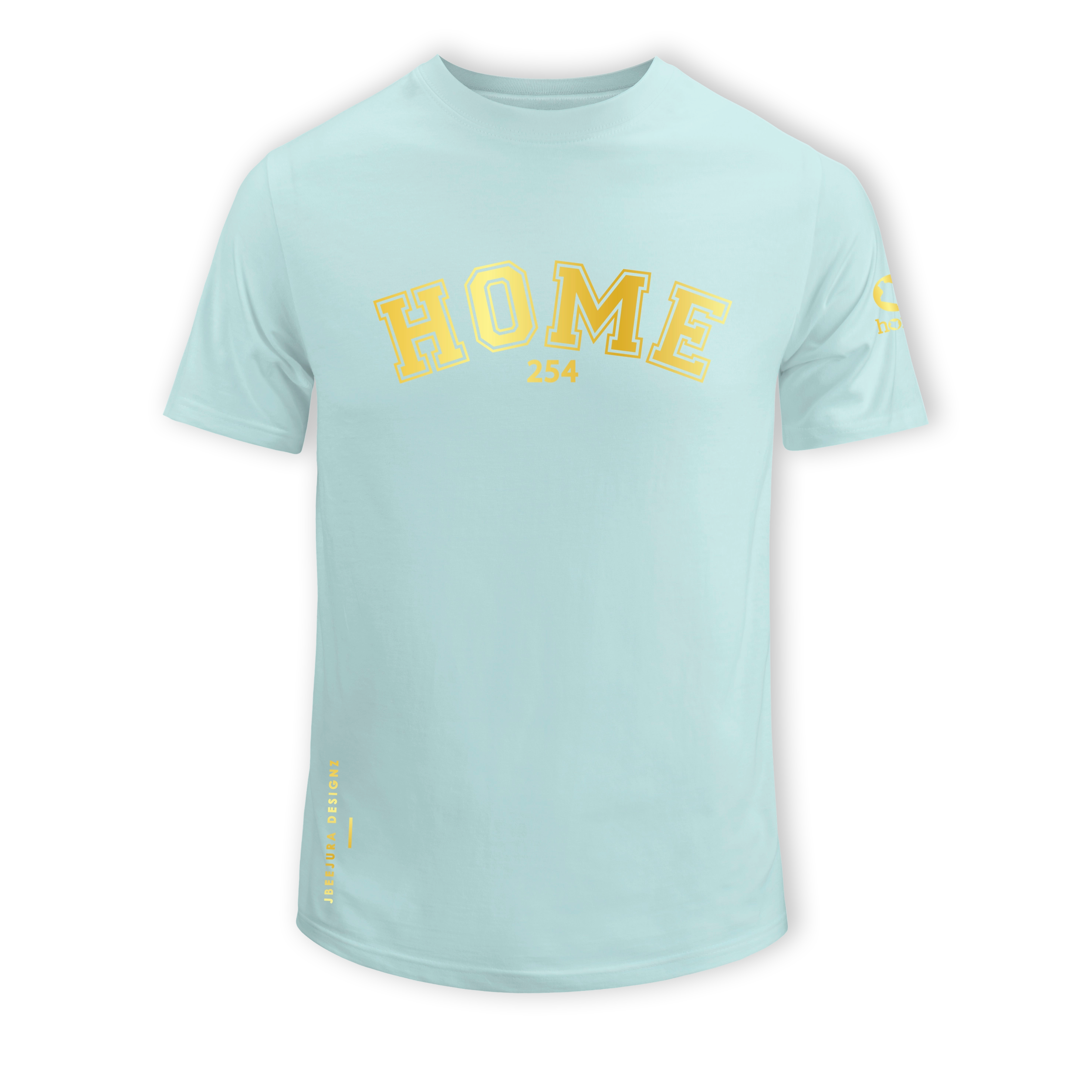 home_254 SHORT-SLEEVED MISTY BLUE T-SHIRT WITH A GOLD COLLEGE PRINT – COTTON PLUS FABRIC