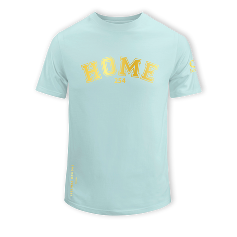 home_254 SHORT-SLEEVED MISTY BLUE T-SHIRT WITH A GOLD COLLEGE PRINT – COTTON PLUS FABRIC