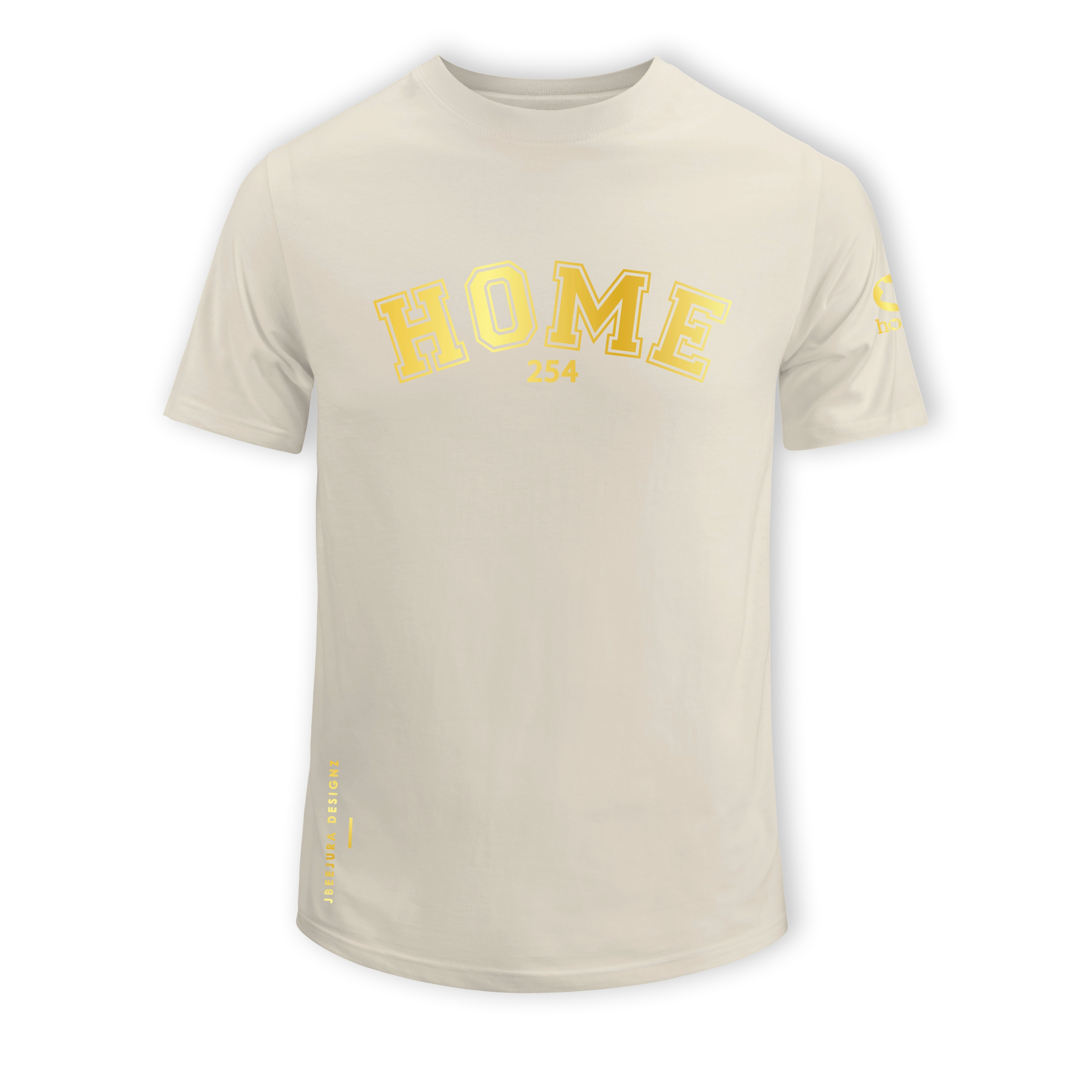 home_254 SHORT-SLEEVED NUDE T-SHIRT WITH A GOLD COLLEGE PRINT – COTTON PLUS FABRIC