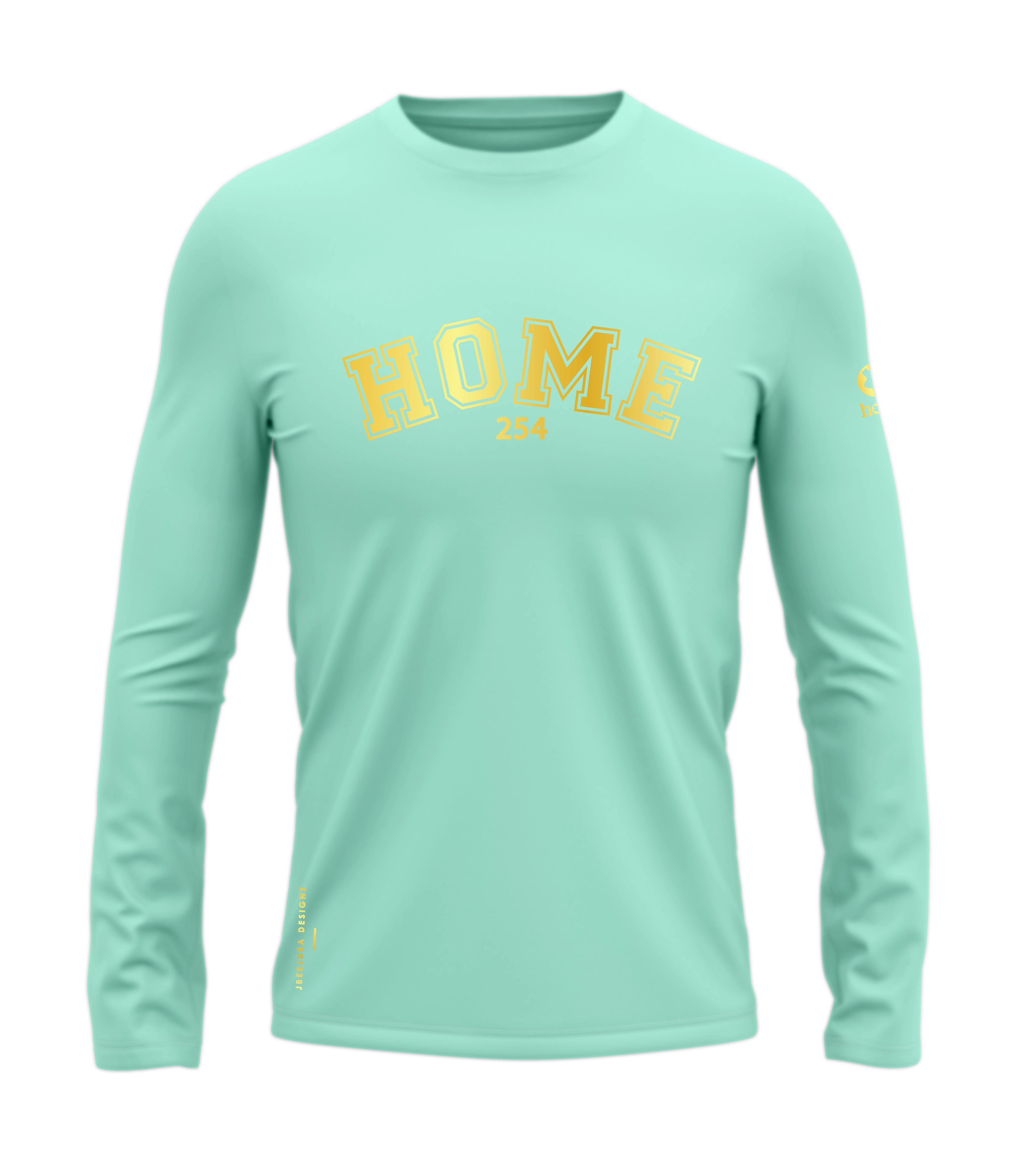 home_254 LONG-SLEEVED TURQUOISE GREEN T-SHIRT WITH A GOLD COLLEGE PRINT – COTTON PLUS FABRIC