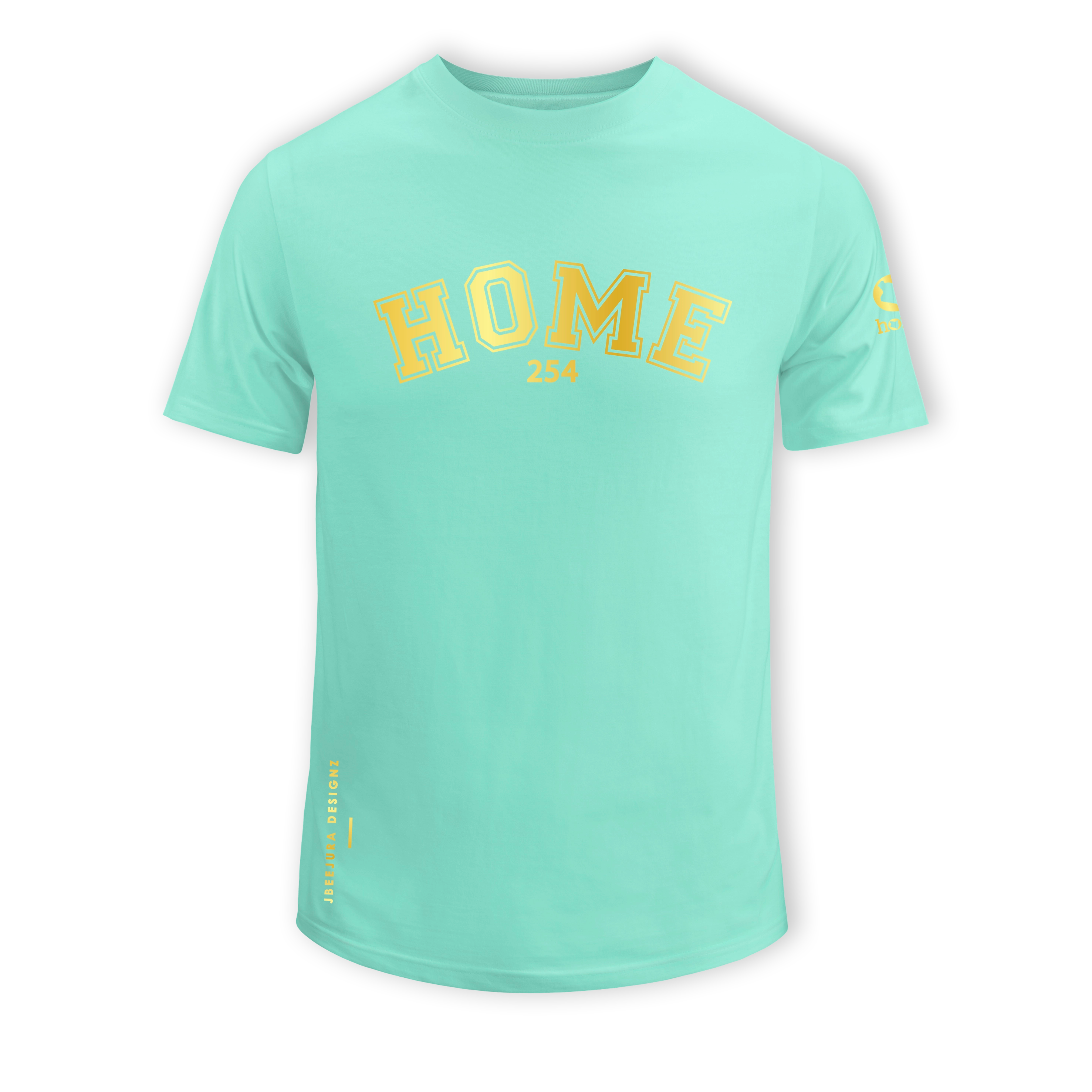 home_254 SHORT-SLEEVED TURQUOISE GREEN T-SHIRT WITH A GOLD COLLEGE PRINT – COTTON PLUS FABRIC