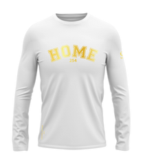 home_254 LONG-SLEEVED WHITE T-SHIRT WITH A GOLD COLLEGE PRINT – COTTON PLUS FABRIC