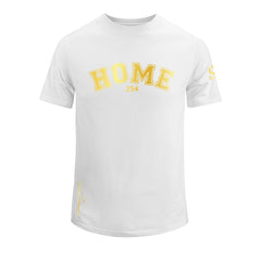 home_254 SHORT-SLEEVED WHITE T-SHIRT WITH A GOLD COLLEGE PRINT – COTTON PLUS FABRIC