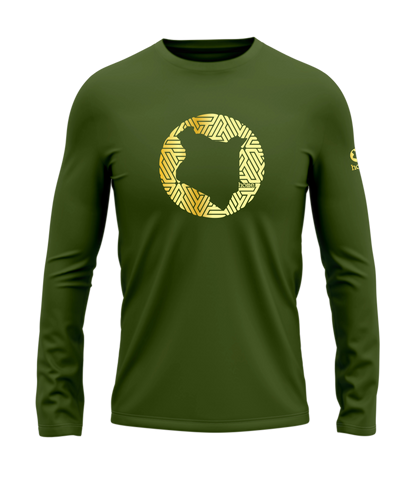 home_254 LONG-SLEEVED JUNGLE GREEN T-SHIRT WITH A GOLD MAP PRINT – COTTON PLUS FABRIC