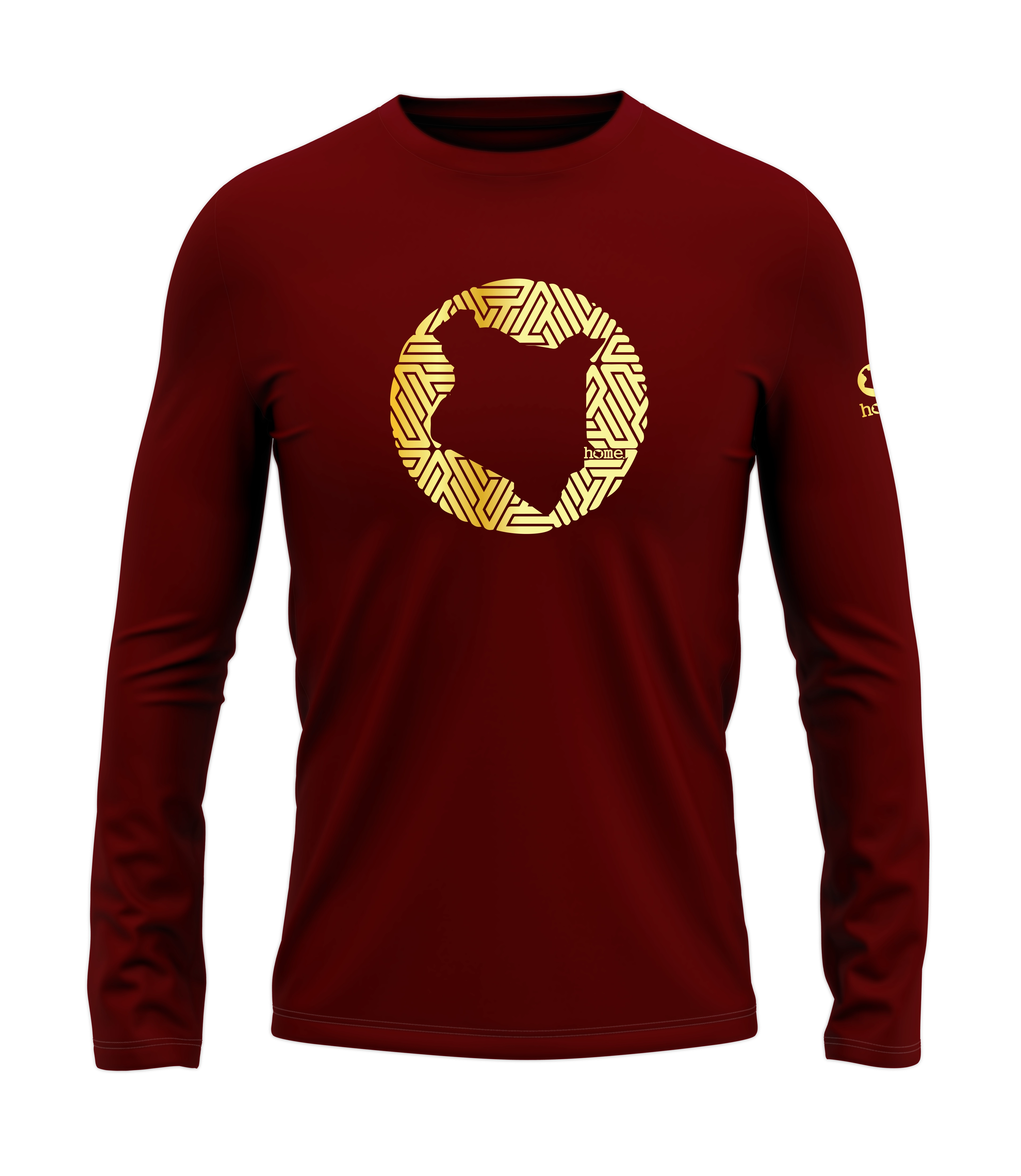home_254 LONG-SLEEVED MAROON RED T-SHIRT WITH A GOLD MAP PRINT – COTTON PLUS FABRIC