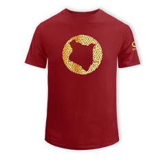 home_254 SHORT-SLEEVED MAROON RED T-SHIRT WITH A GOLD MAP PRINT – COTTON PLUS FABRIC