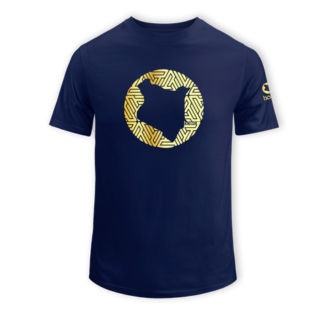home_254 SHORT-SLEEVED NAVY BLUE T-SHIRT WITH A GOLD MAP PRINT – COTTON PLUS FABRIC
