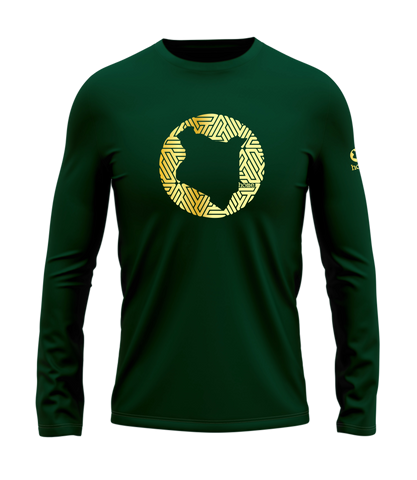 home_254 LONG-SLEEVED RICH GREEN T-SHIRT WITH A GOLD MAP PRINT – COTTON PLUS FABRIC