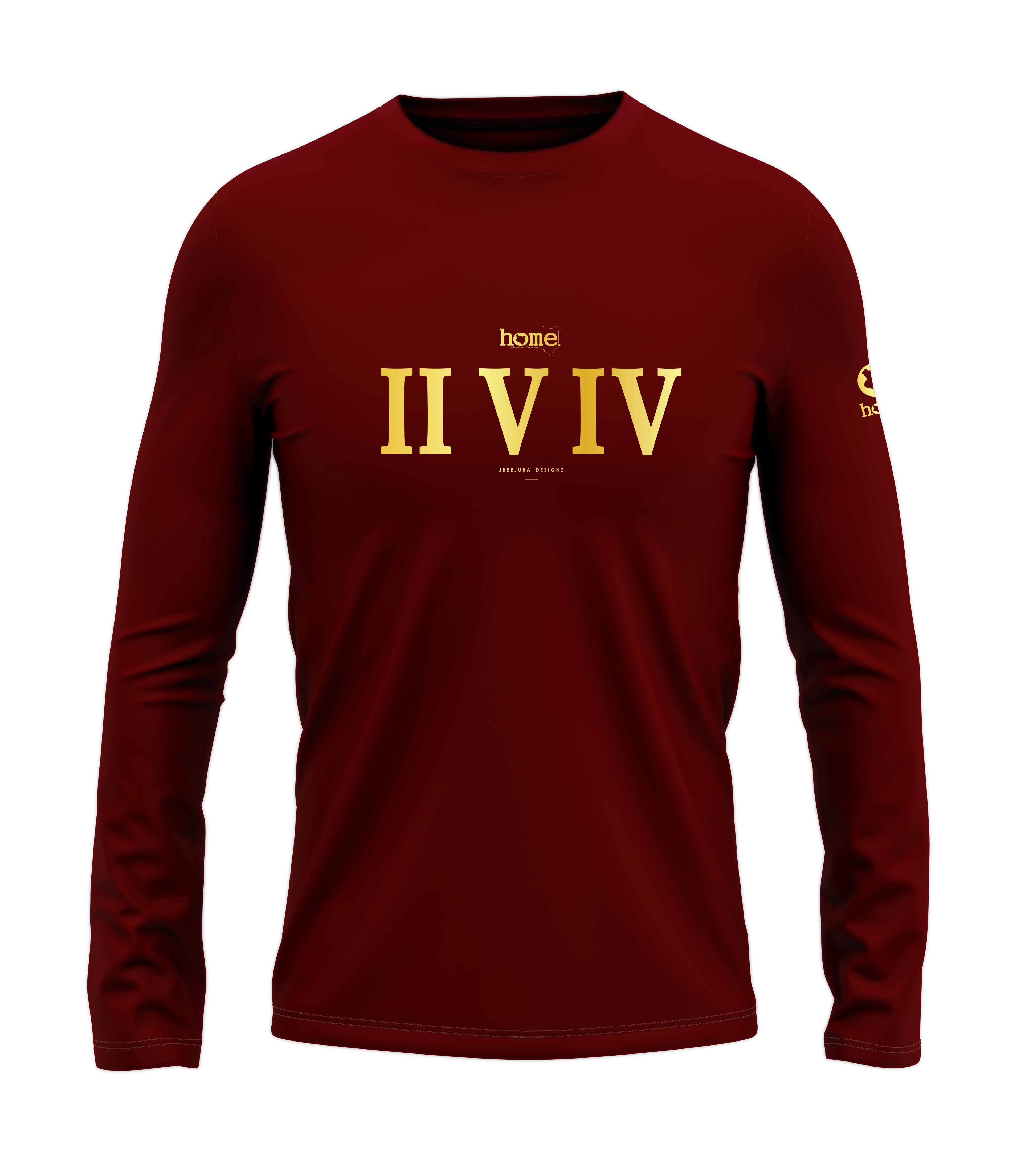 home_254 LONG-SLEEVED MAROON RED T-SHIRT WITH A GOLD ROMAN NUMERALS PRINT – COTTON PLUS FABRIC