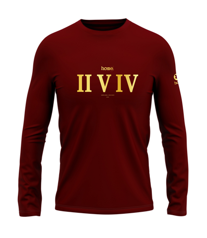 home_254 LONG-SLEEVED MAROON RED T-SHIRT WITH A GOLD ROMAN NUMERALS PRINT – COTTON PLUS FABRIC