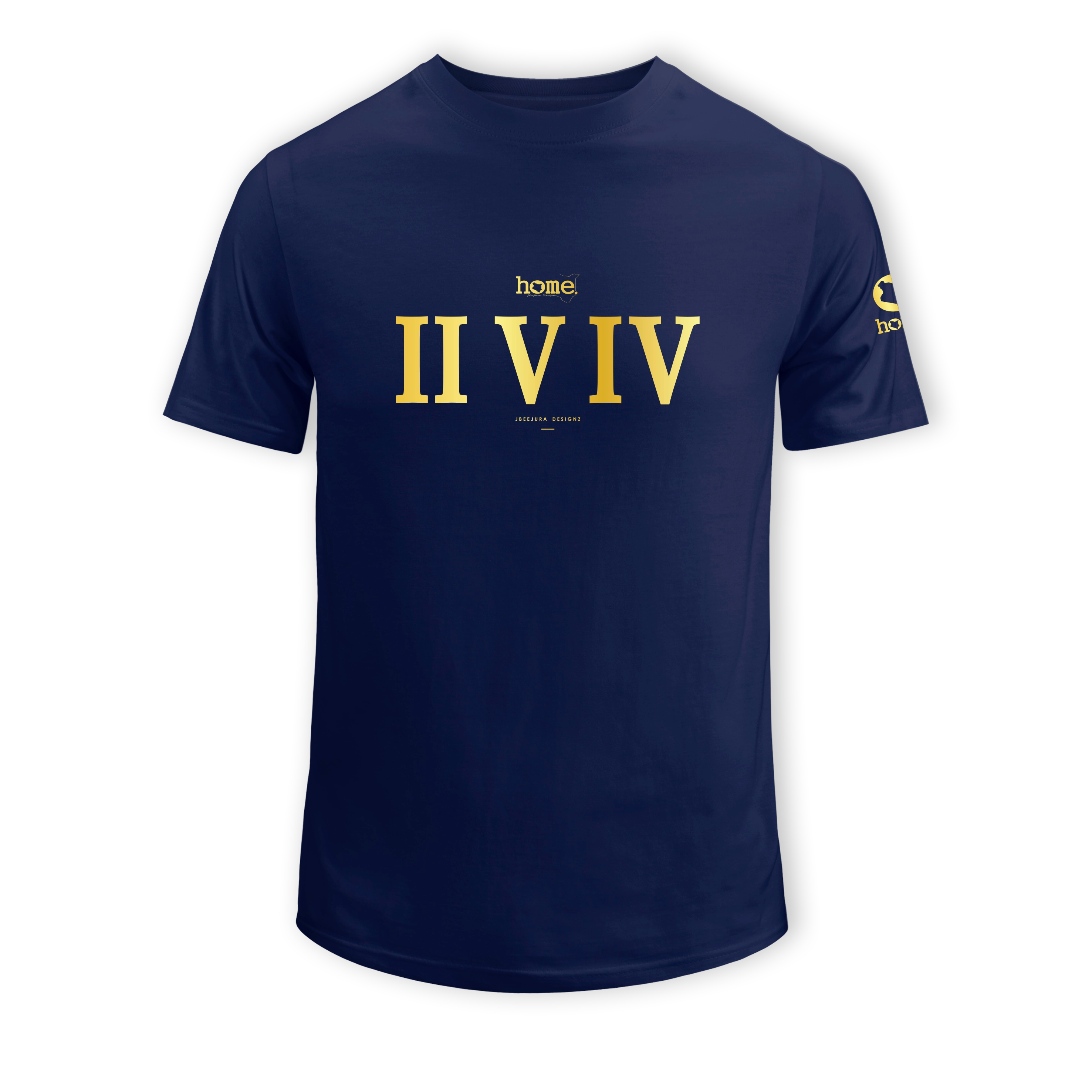 home_254 SHORT-SLEEVED NAVY BLUE T-SHIRT WITH A GOLD ROMAN NUMERALS  PRINT – COTTON PLUS FABRIC