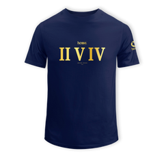 home_254 SHORT-SLEEVED NAVY BLUE T-SHIRT WITH A GOLD ROMAN NUMERALS PRINT – COTTON PLUS FABRIC