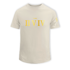 home_254 SHORT-SLEEVED NUDE T-SHIRT WITH A GOLD ROMAN NUMERALS PRINT – COTTON PLUS FABRIC