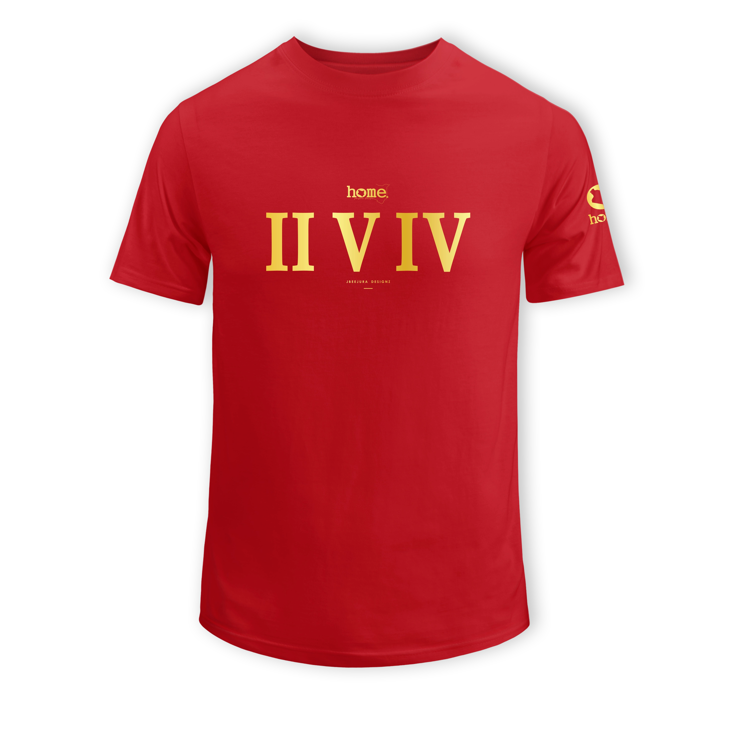 home_254 SHORT-SLEEVED RED T-SHIRT WITH A GOLD ROMAN NUMERALS PRINT – COTTON PLUS FABRIC