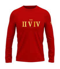 home_254 LONG-SLEEVED RED T-SHIRT WITH A GOLD ROMAN NUMERALS PRINT – COTTON PLUS FABRIC