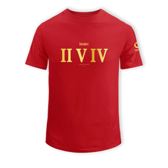 home_254 KIDS SHORT-SLEEVED RED T-SHIRT WITH A GOLD ROMAN NUMERALS PRINT – COTTON PLUS FABRIC