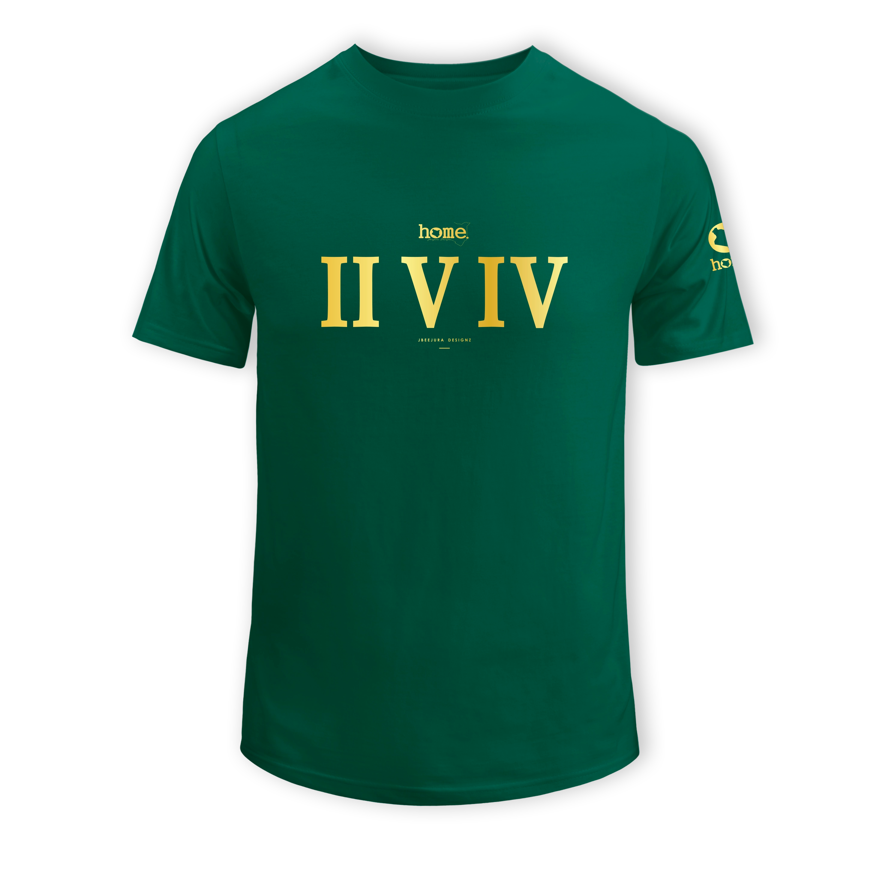 home_254 KIDS SHORT-SLEEVED RICH GREEN T-SHIRT WITH A GOLD ROMAN NUMERALS PRINT – COTTON PLUS FABRIC