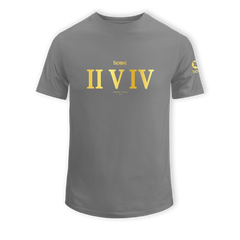 home_254 SHORT-SLEEVED SAGE T-SHIRT WITH A GOLD ROMAN NUMERALS PRINT – COTTON PLUS FABRIC