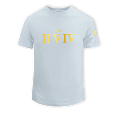home_254 SHORT-SLEEVED SKY-BLUE T-SHIRT WITH A GOLD ROMAN NUMERALS PRINT – COTTON PLUS FABRIC
