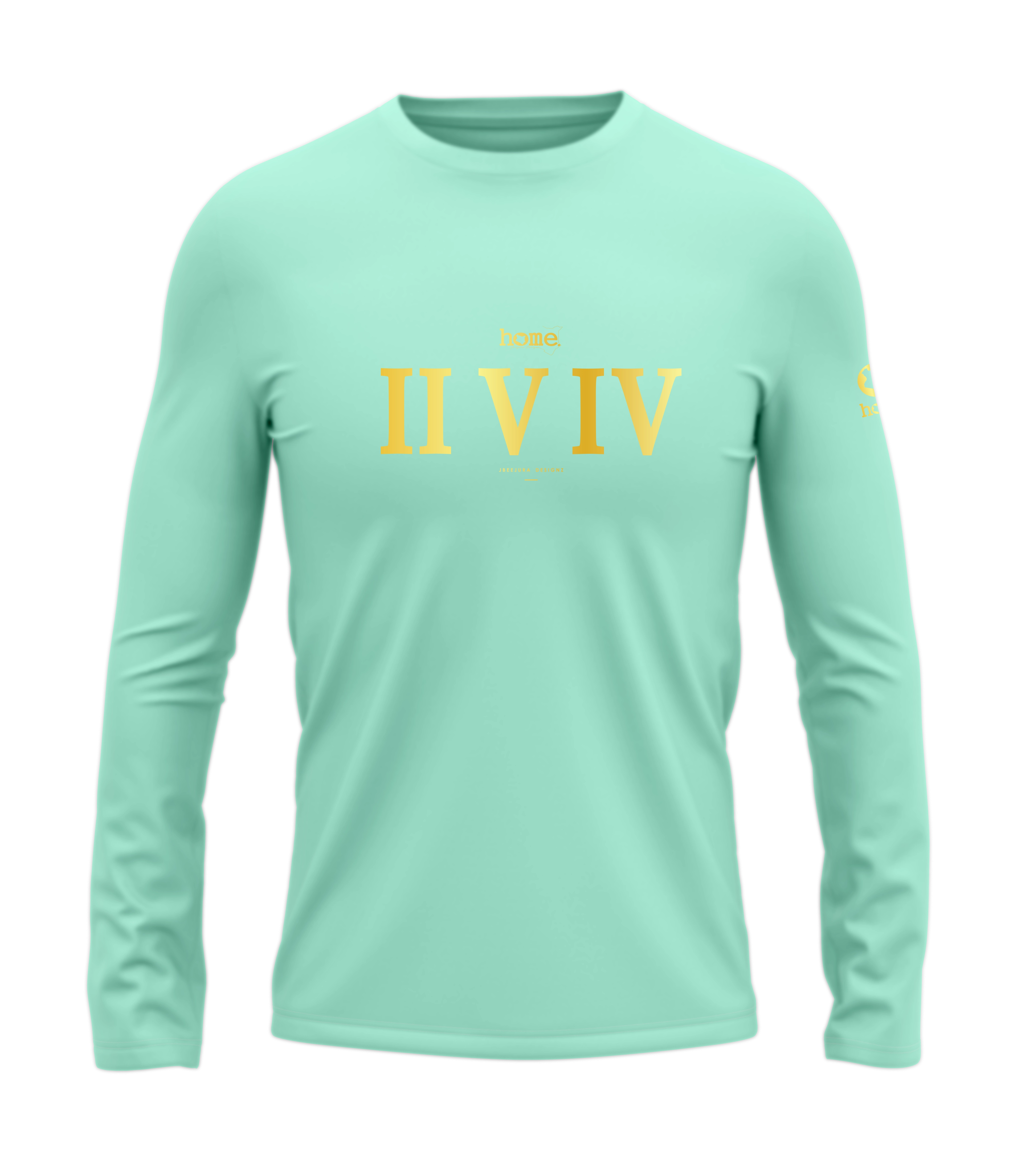 home_254 LONG-SLEEVED TURQUOISE GREEN T-SHIRT WITH A GOLD ROMAN NUMERALS PRINT – COTTON PLUS FABRIC