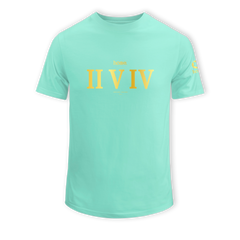 home_254 KIDS SHORT-SLEEVED TURQUOISE GREEN T-SHIRT WITH A GOLD ROMAN NUMERALS PRINT – COTTON PLUS FABRIC